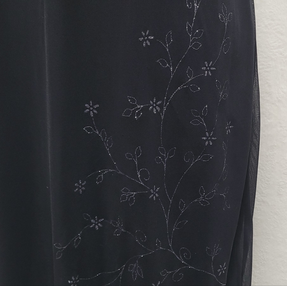 Vintage 90s AGB Black Semi-sheer Metallic Floral Handkerchief Hem Midi Dress 8 - Picture 5 of 13